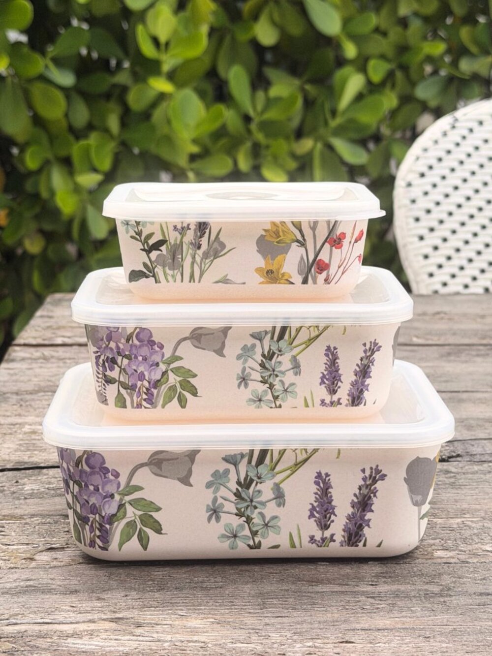 Set of 3 MELAMINE Botanical Floral Storage Nesting Food Containers with Lids